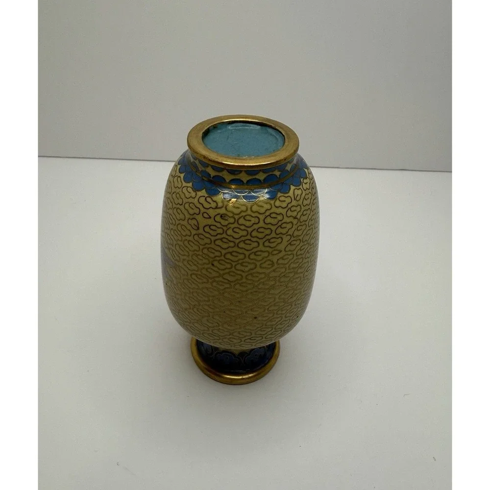 Yellow Cloisonné Brass &‎ Enamel Vase With Pink Flowers 4